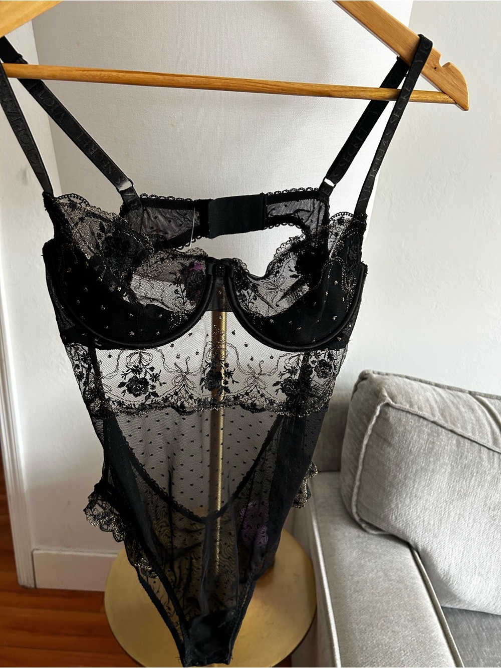 Victoria's Secret Dot Embroidery Teddy Fairy Black S Whimsigoth Velvet Straps